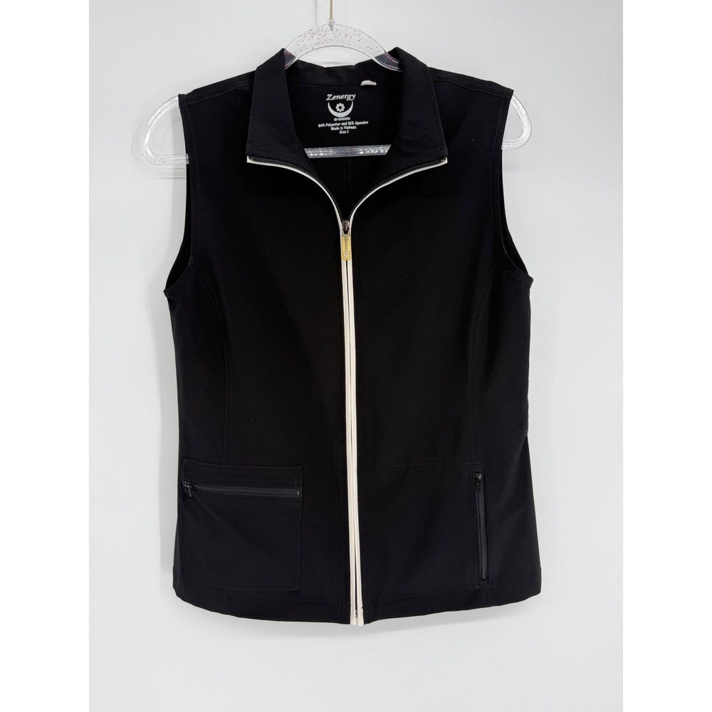 Zenergy by Chico's Black Full Zip Mock Neck Vest Sz 1/M Active Pockets